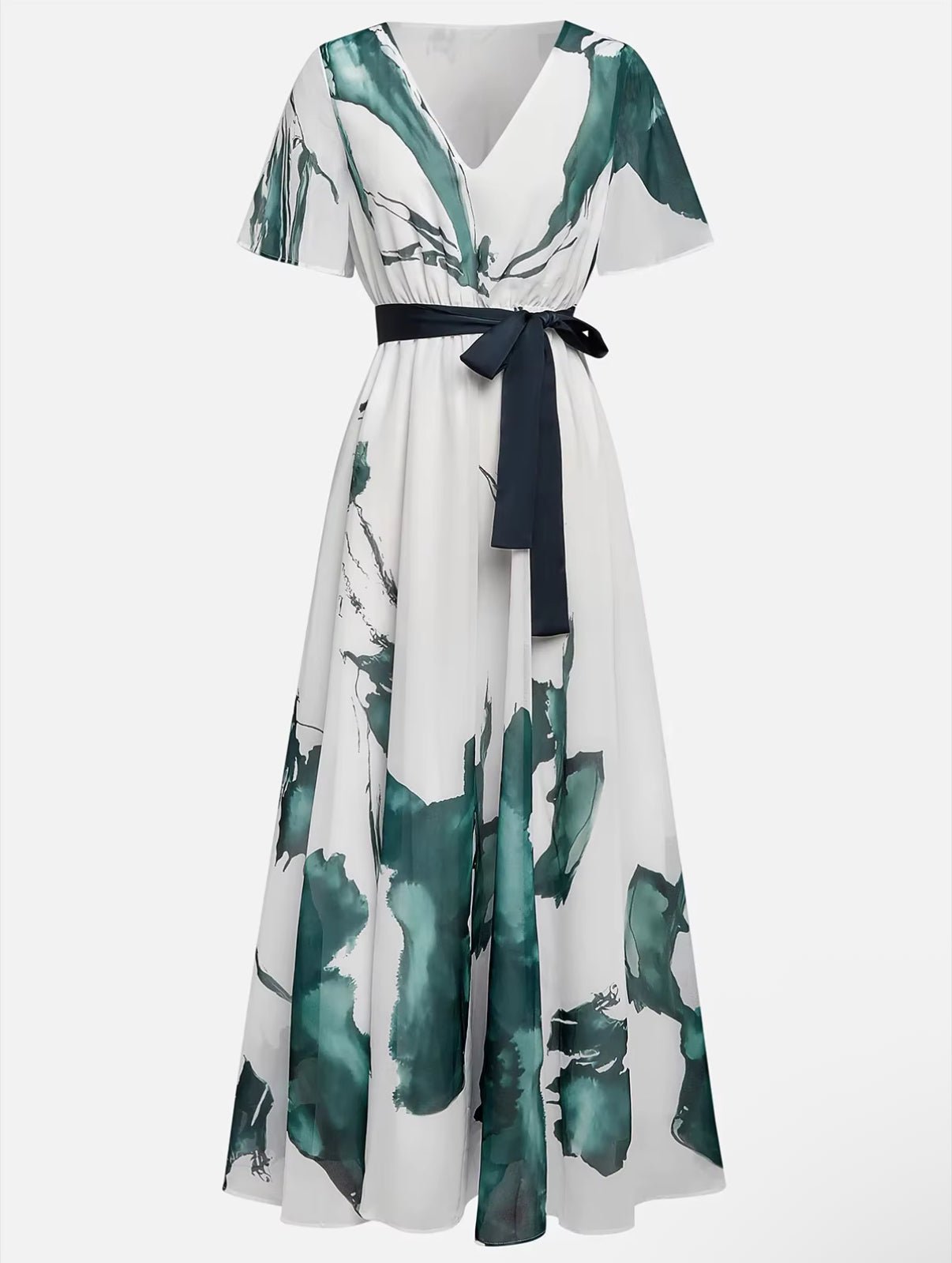 Women’s lightweight floral print maxi dress with a V-neckline, adjustable waist tie, and relaxed flowy silhouette for comfortable everyday and warm-weather wear.