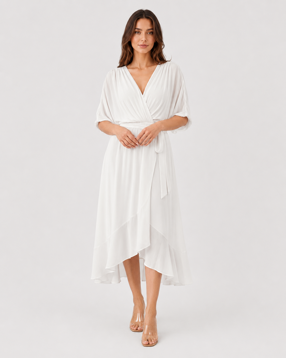 Women’s V-Neck Midi Dress featuring a fitted silhouette, midi length, and soft lightweight fabric for a flattering and versatile look suitable for casual and evening occasions.