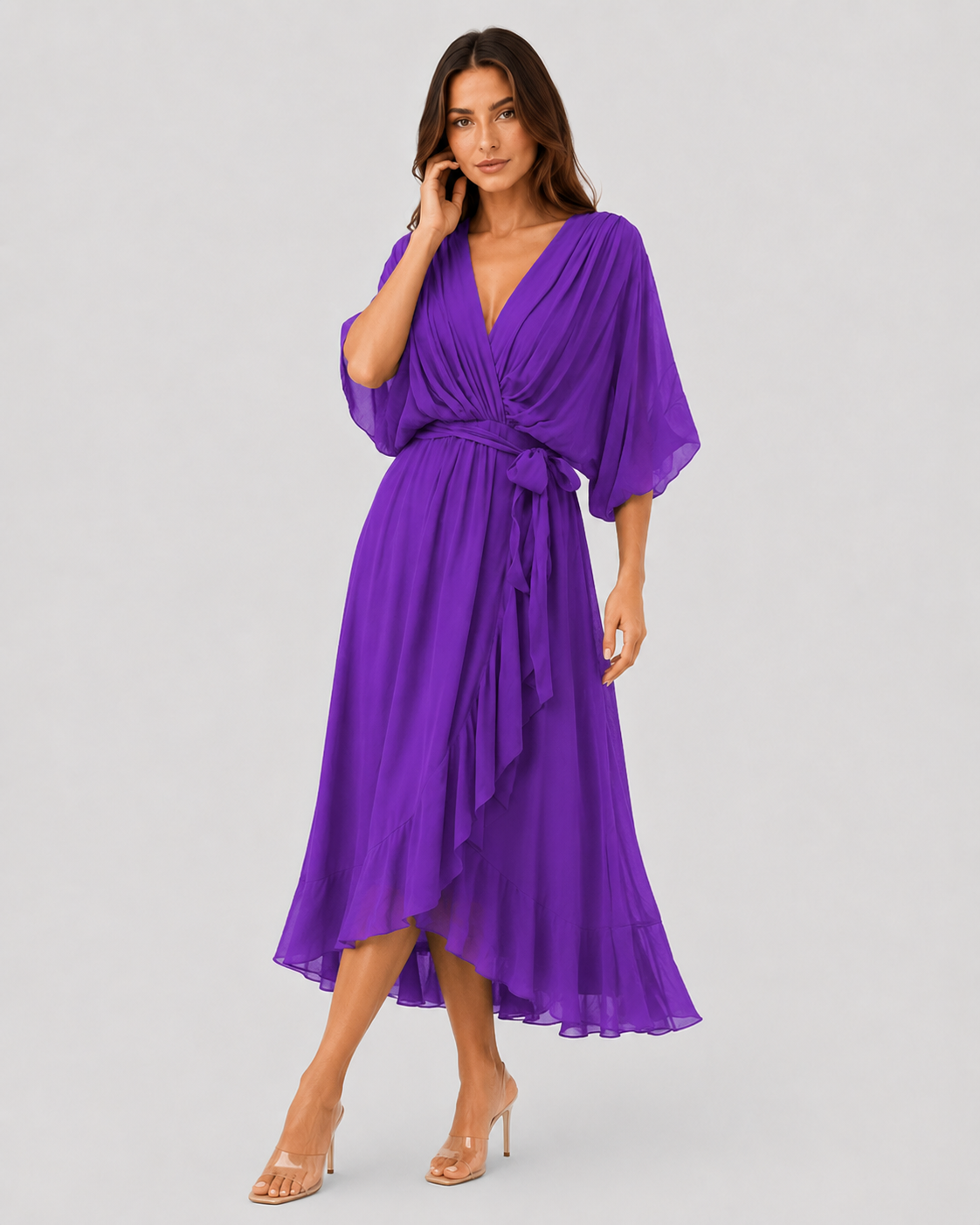 Women’s V-Neck Midi Dress featuring a fitted silhouette, midi length, and soft lightweight fabric for a flattering and versatile look suitable for casual and evening occasions.