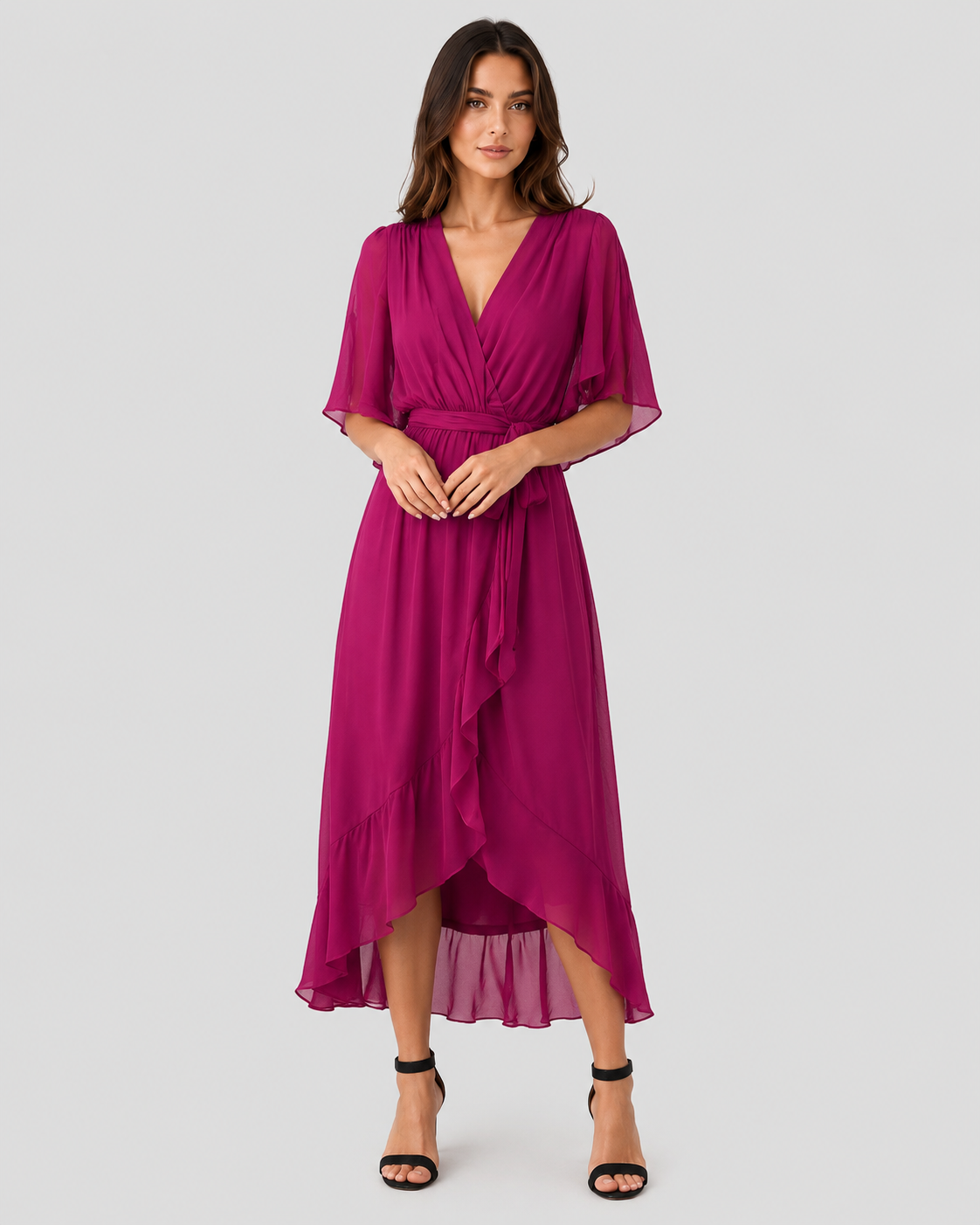 Women’s V-Neck Midi Dress featuring a fitted silhouette, midi length, and soft lightweight fabric for a flattering and versatile look suitable for casual and evening occasions.