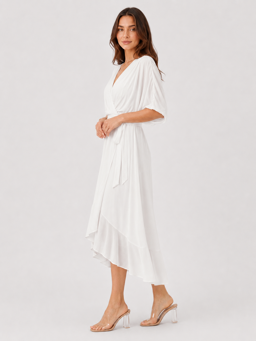 Women’s V-Neck Midi Dress featuring a fitted silhouette, midi length, and soft lightweight fabric for a flattering and versatile look suitable for casual and evening occasions.