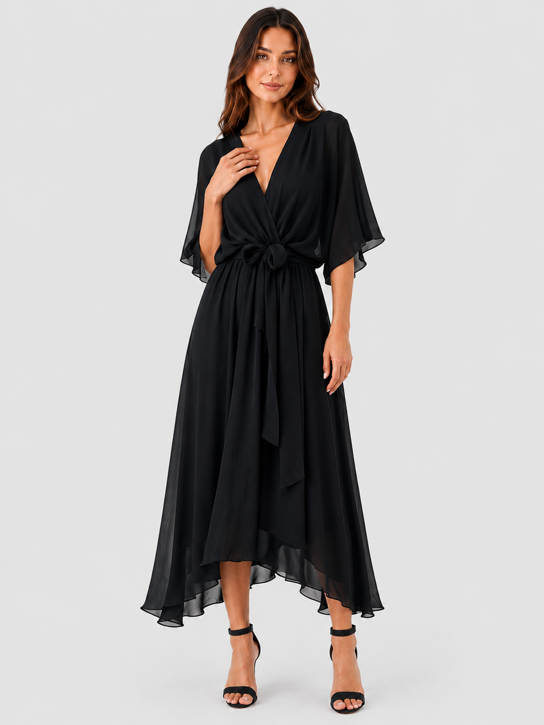 Women’s V-Neck Midi Dress featuring a fitted silhouette, midi length, and soft lightweight fabric for a flattering and versatile look suitable for casual and evening occasions.