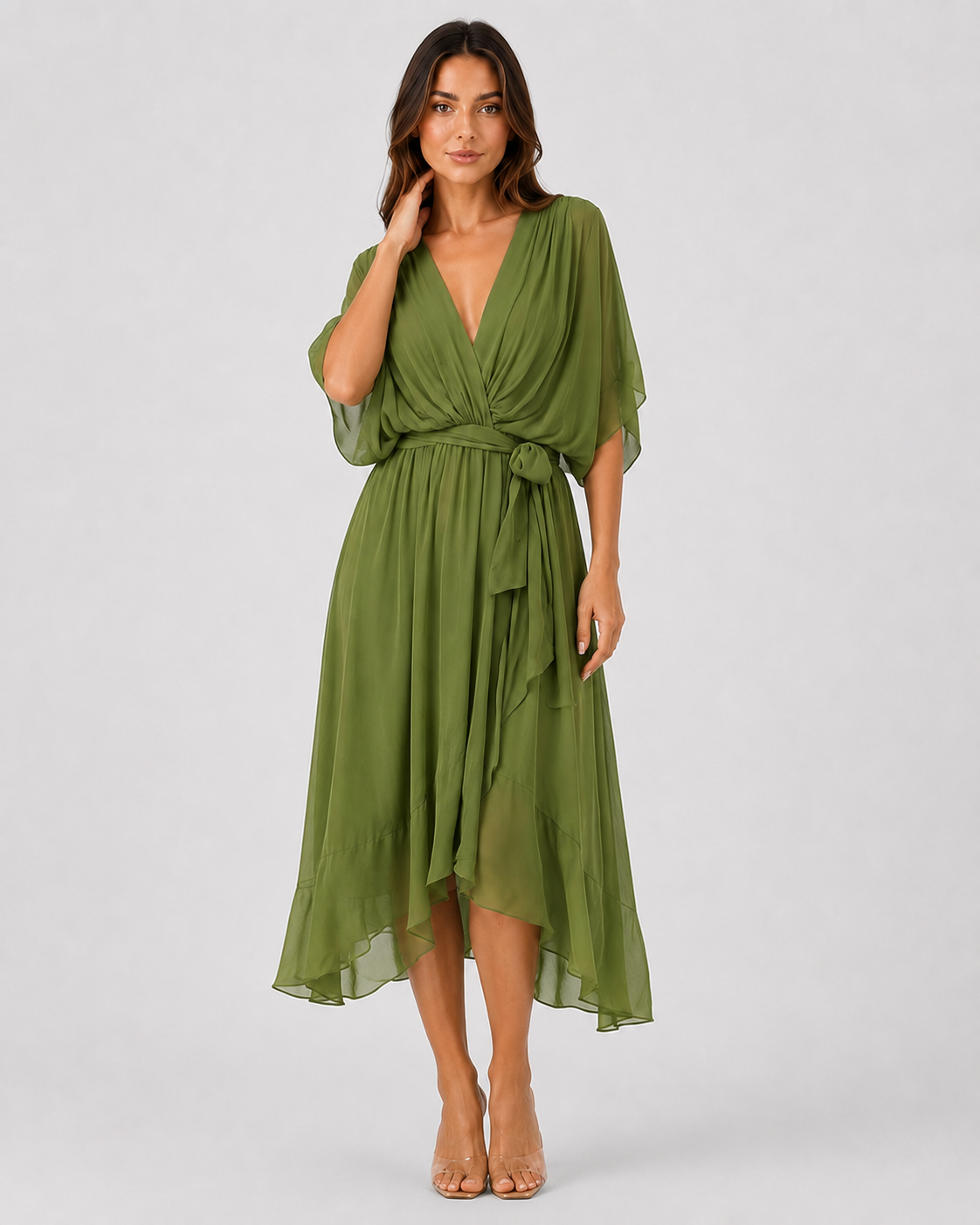 Women’s V-Neck Midi Dress featuring a fitted silhouette, midi length, and soft lightweight fabric for a flattering and versatile look suitable for casual and evening occasions.