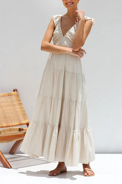 Women’s V-neck ruffle tiered maxi dress in cotton linen blend