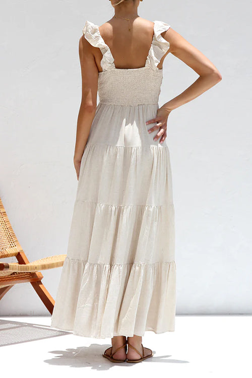 Women’s V-neck ruffle tiered maxi dress in cotton linen blend