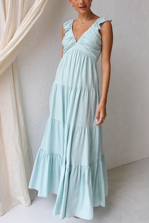 Women’s V-neck ruffle tiered maxi dress in cotton linen blend