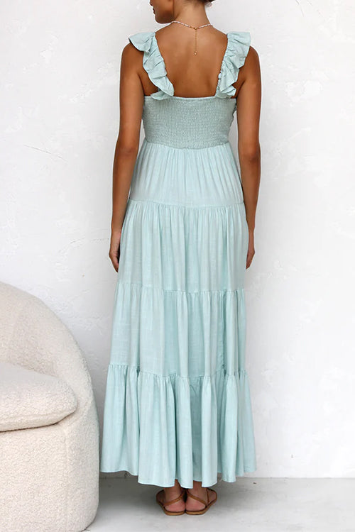 Women’s V-neck ruffle tiered maxi dress in cotton linen blend