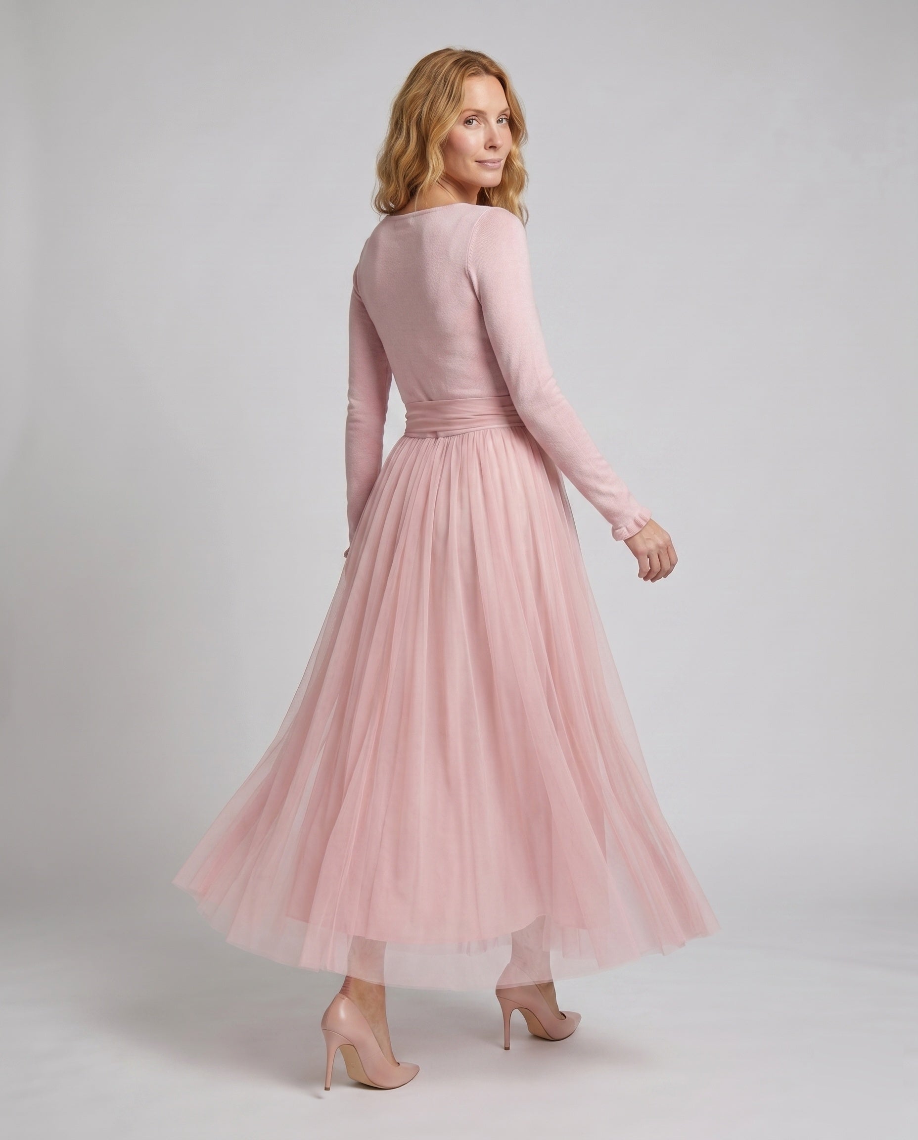 Women's waist belt ruffle long sleeve maxi dress in lightweight tulle fabric, featuring a fitted waist, soft ruffle details, long sleeves, and a flowing full-length skirt for elegant occasion wear.