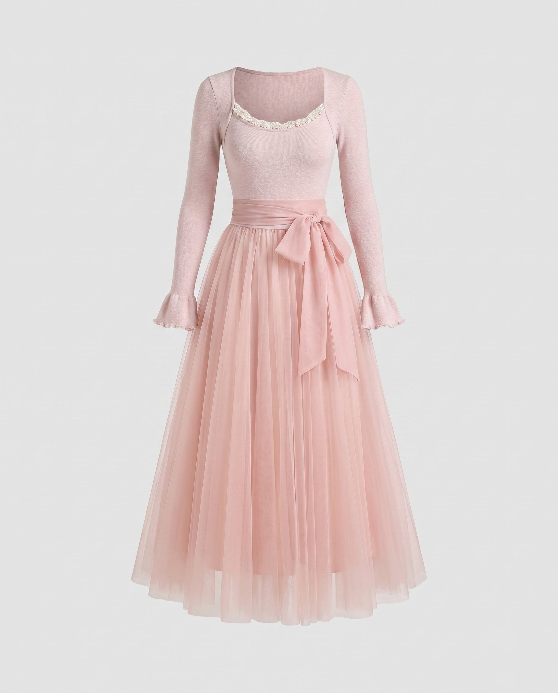 Women's waist belt ruffle long sleeve maxi dress in lightweight tulle fabric, featuring a fitted waist, soft ruffle details, long sleeves, and a flowing full-length skirt for elegant occasion wear.