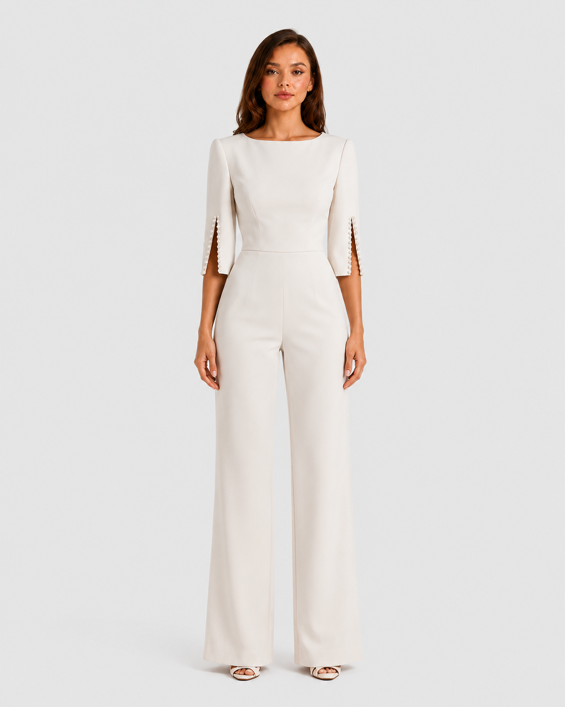 Women’s elegant wide-leg jumpsuit featuring a boat neckline, tailored bodice, three-quarter split sleeves with pearl trim detailing, and flowing wide-leg trousers for weddings, evening events, and special occasions.