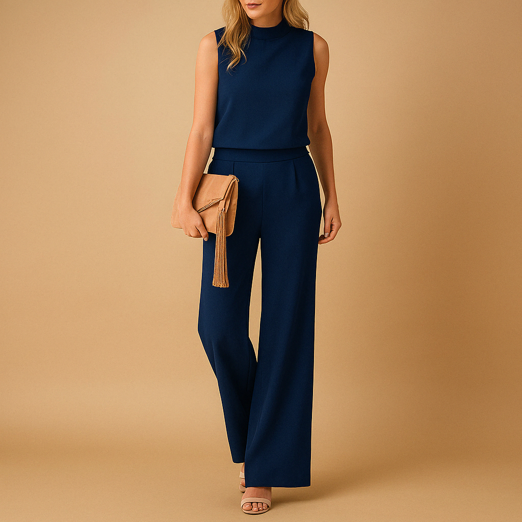 Women’s Wide Leg Jumpsuit with Round Neck and Mid-Waist Fit