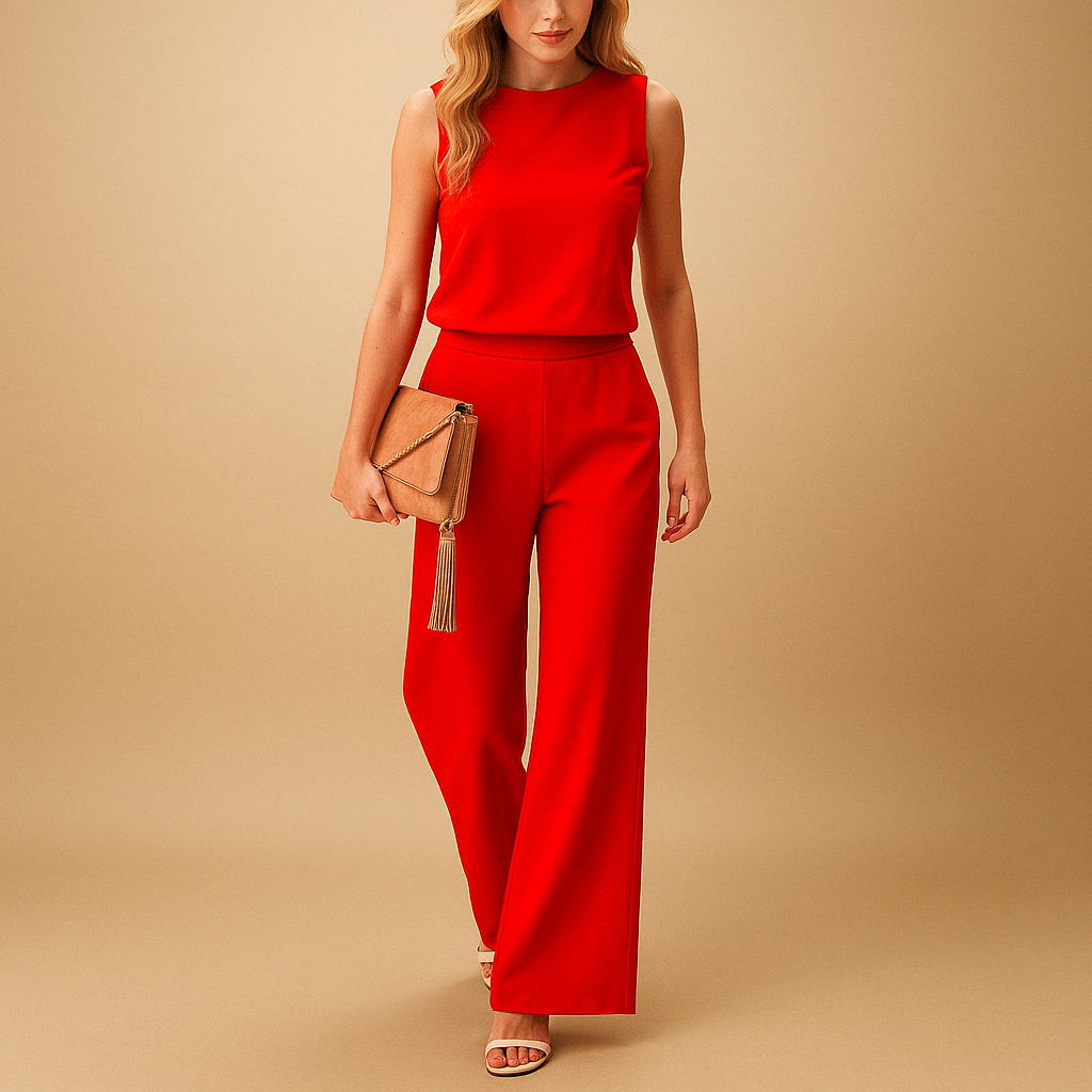 Women’s Wide Leg Jumpsuit with Round Neck and Mid-Waist Fit