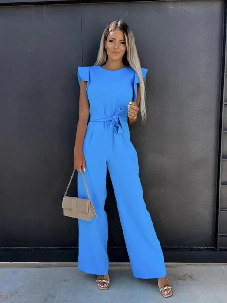 Women’s wide leg tie waist jumpsuit with ruffle sleeves