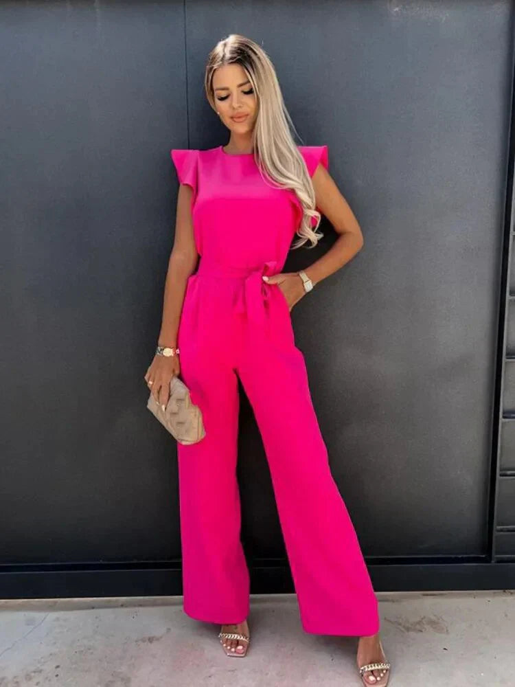 Women’s wide leg tie waist jumpsuit with ruffle sleeves