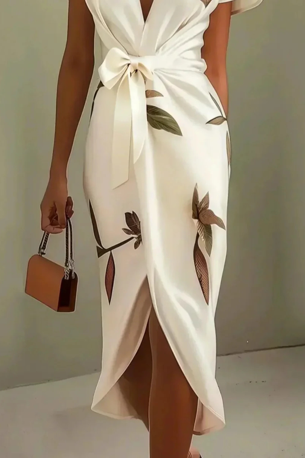 Women’s wrap midi dress with V-neck and flutter sleeves