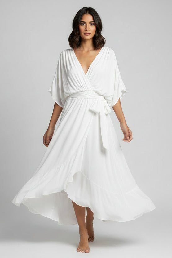 Women’s wrap V-neck midi dress in soft polyester blend with adjustable waist