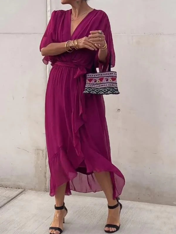 Women’s wrap V-neck midi dress in soft polyester blend with adjustable waist