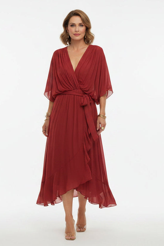 Women’s wrap V-neck midi dress in soft polyester blend with adjustable waist