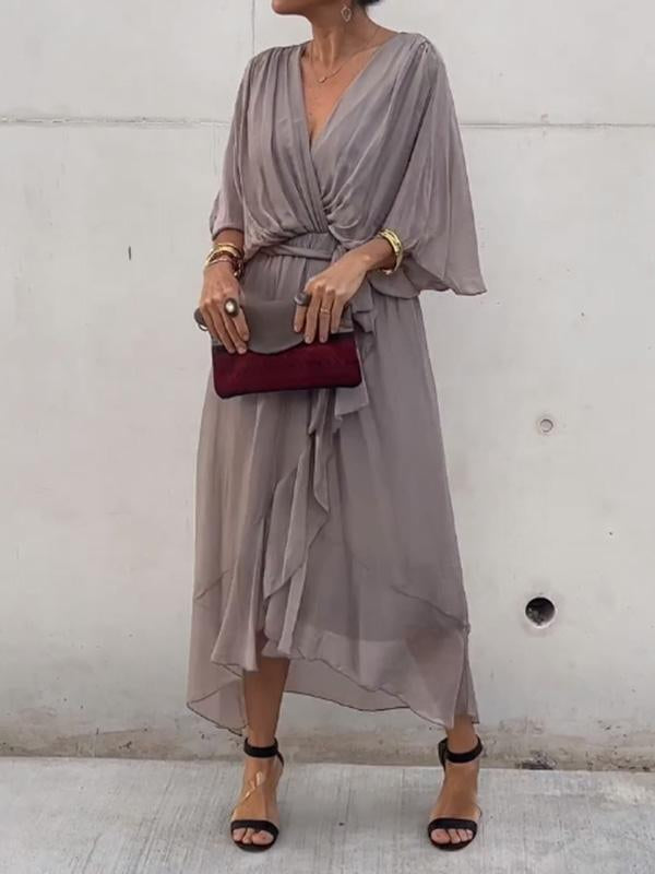 Women’s wrap V-neck midi dress in soft polyester blend with adjustable waist