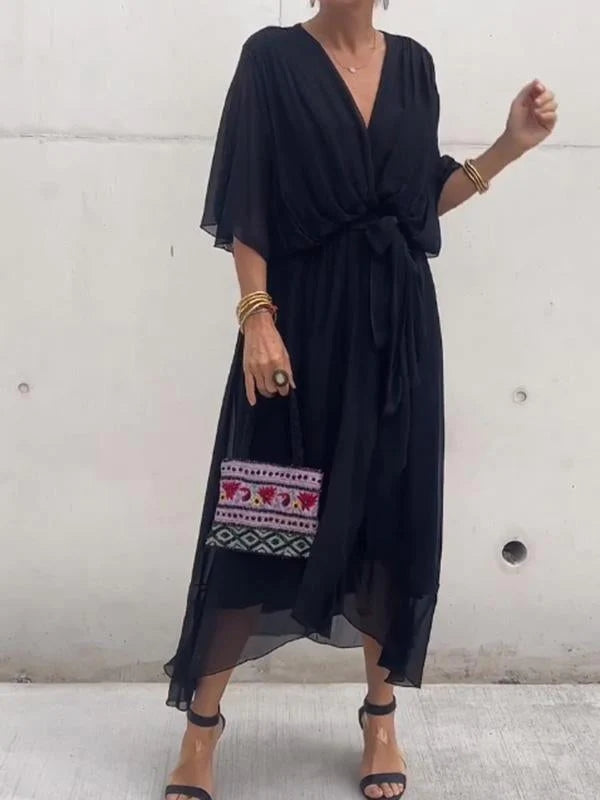 Women’s wrap V-neck midi dress in soft polyester blend with adjustable waist