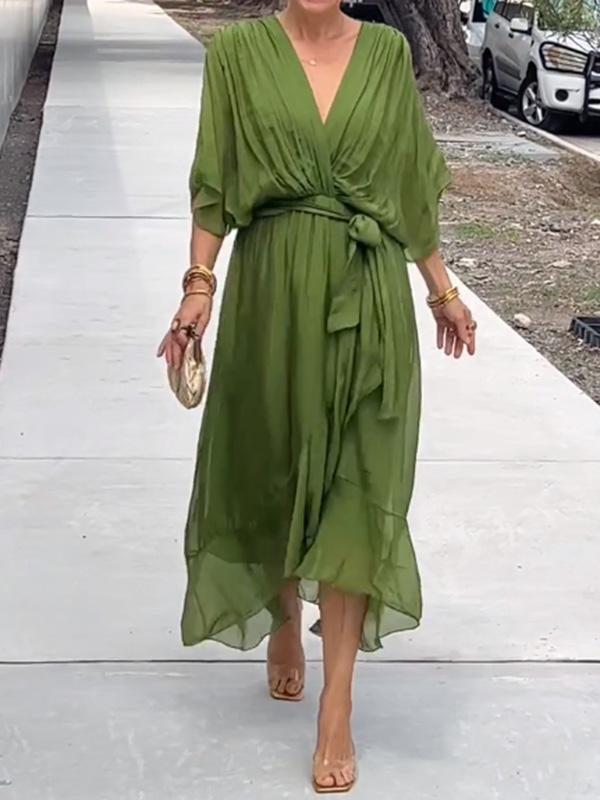 Women’s wrap V-neck midi dress in soft polyester blend with adjustable waist