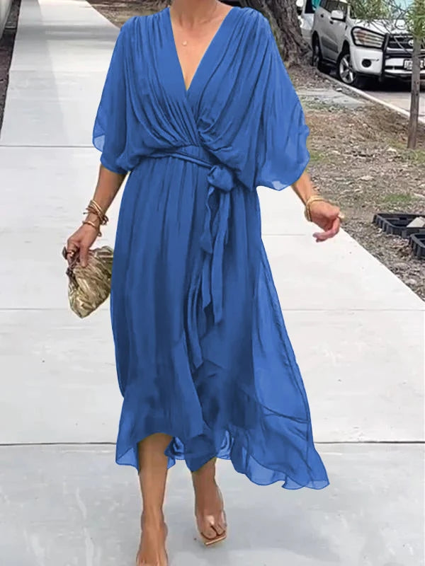 Women’s wrap V-neck midi dress in soft polyester blend with adjustable waist