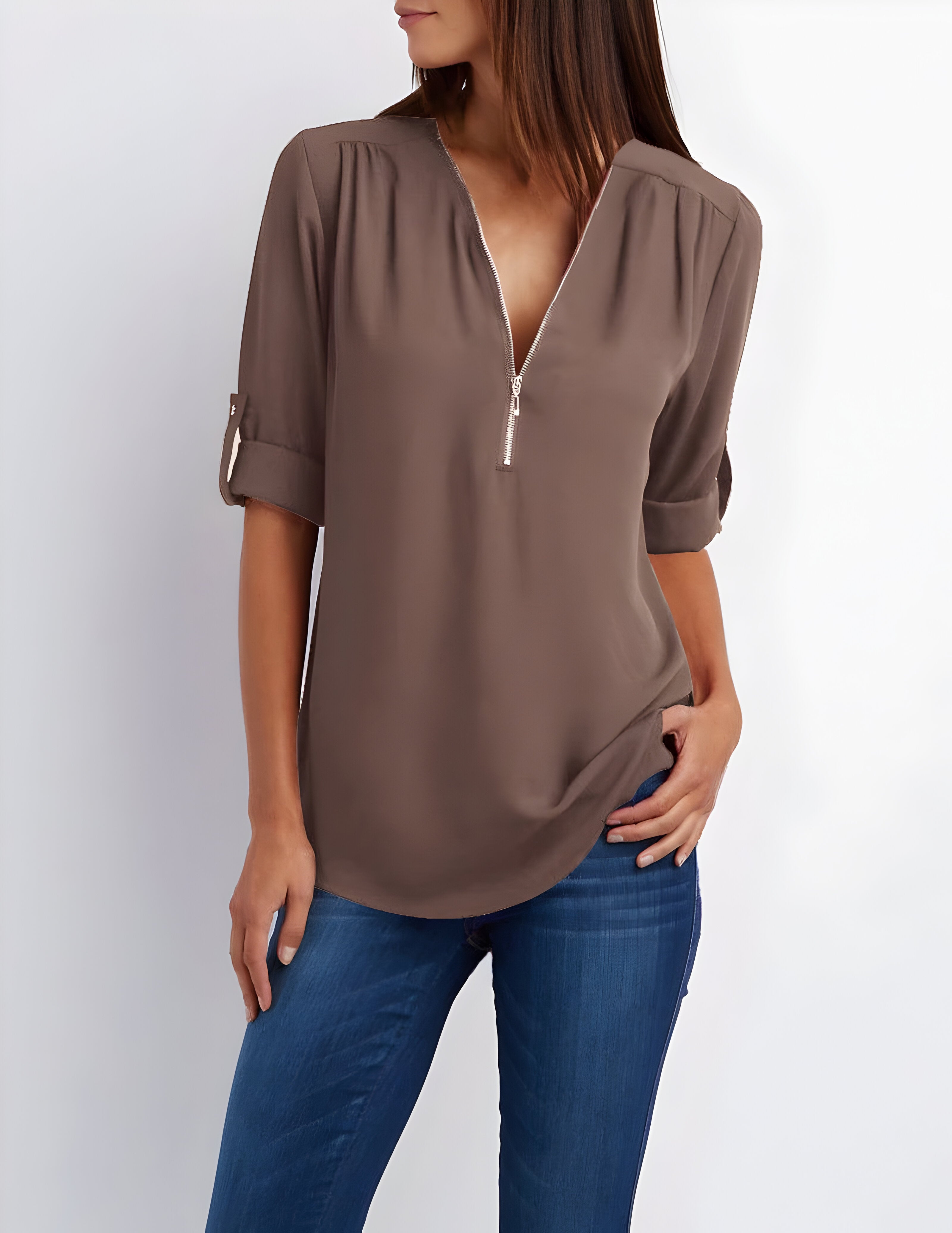 Women’s zip front V-neck blouse with roll tab sleeves