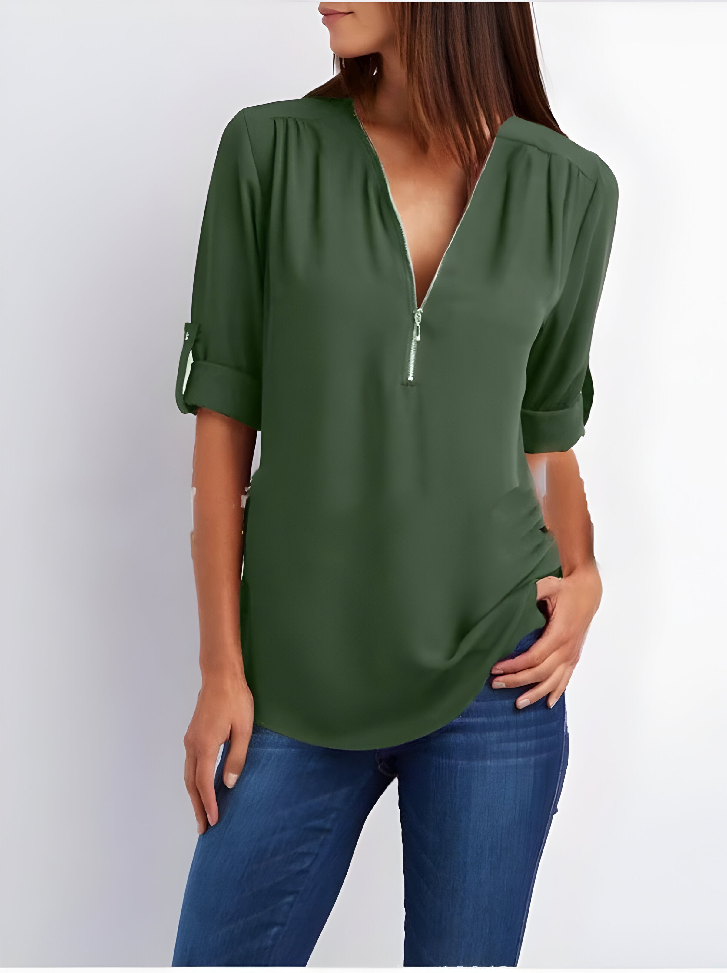 Women’s zip front V-neck blouse with roll tab sleeves