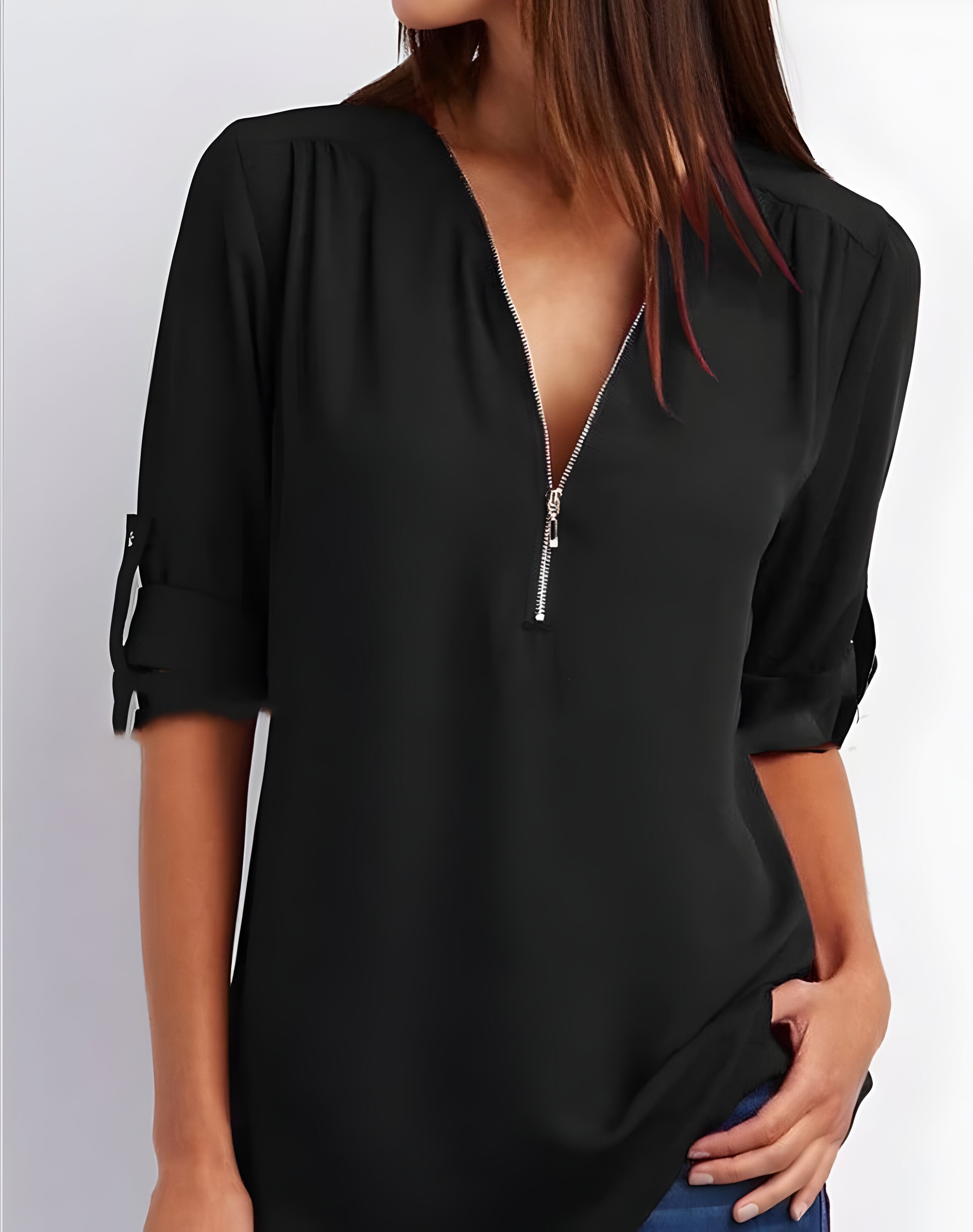 Women’s zip front V-neck blouse with roll tab sleeves