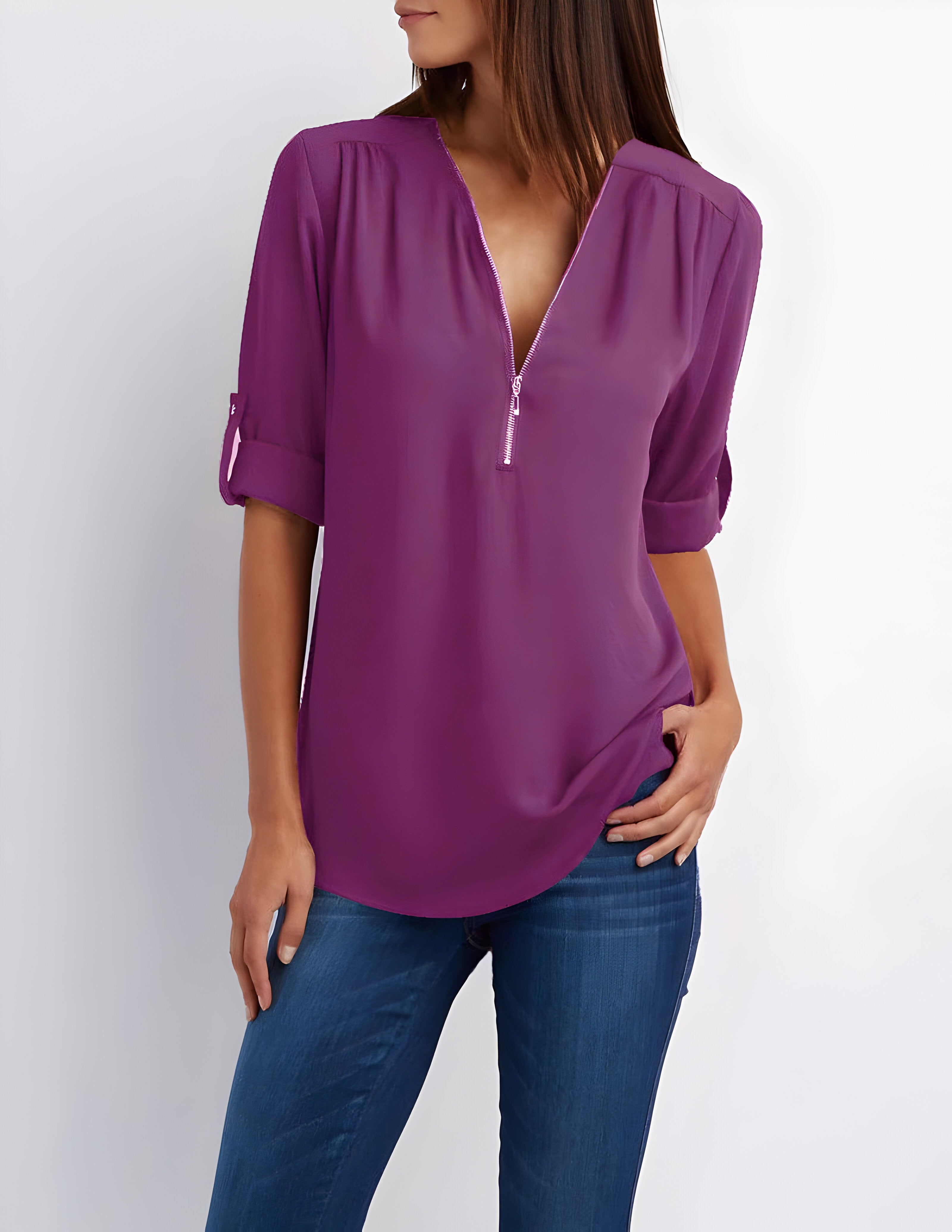 Women’s zip front V-neck blouse with roll tab sleeves
