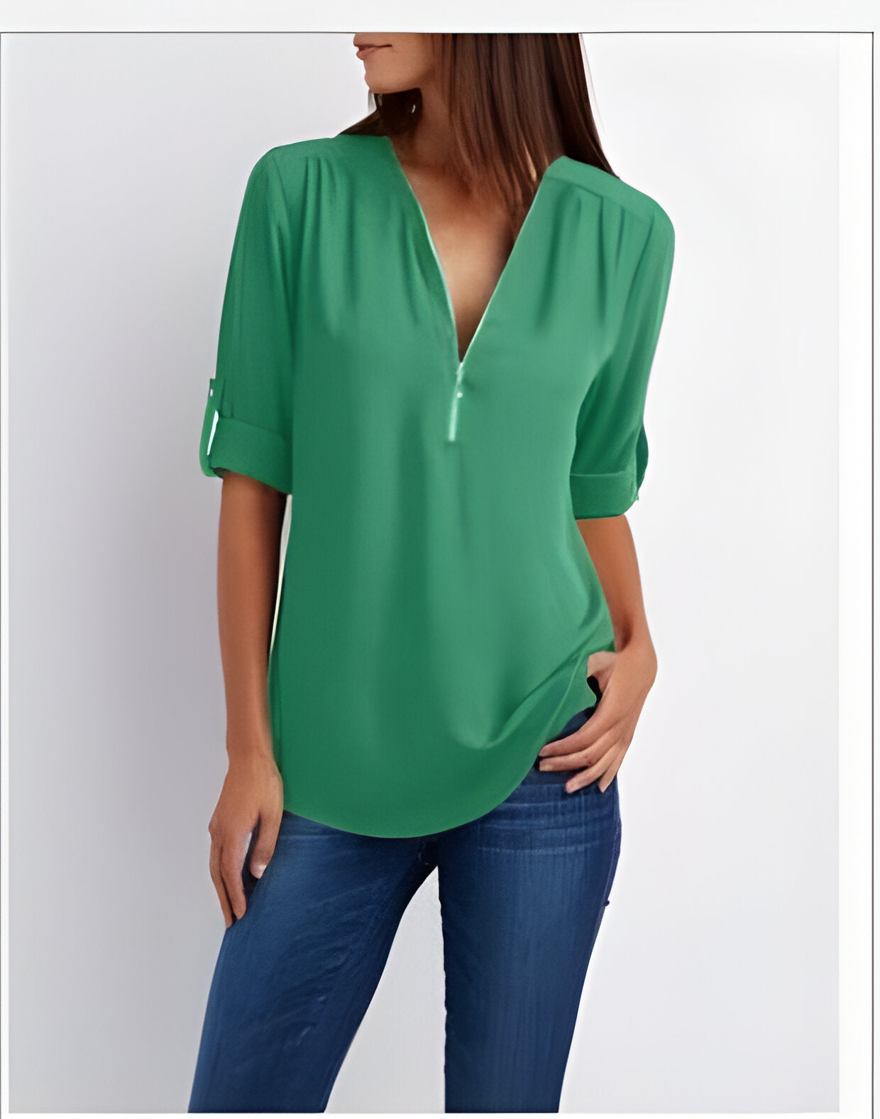 Women’s zip front V-neck blouse with roll tab sleeves