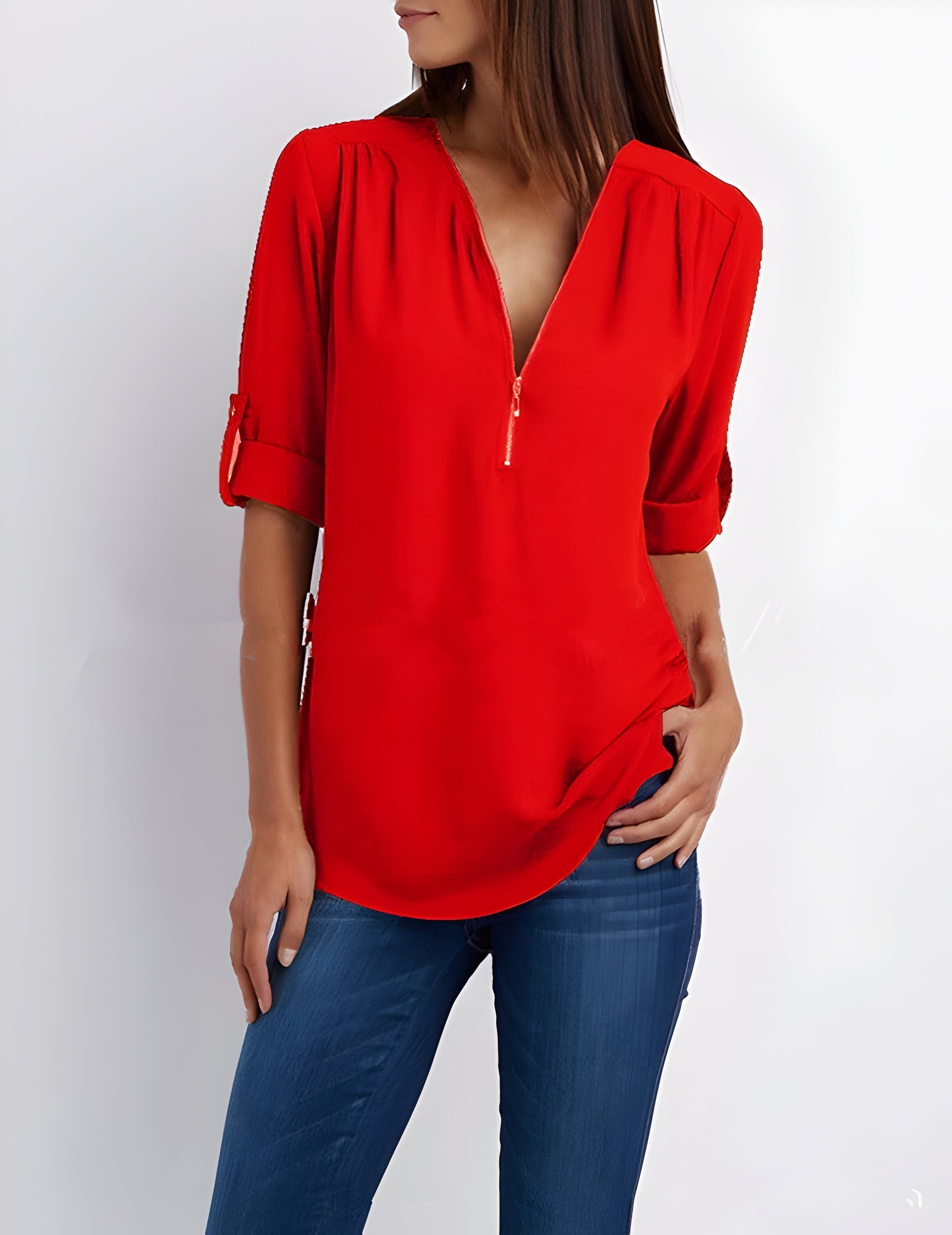 Women’s zip front V-neck blouse with roll tab sleeves
