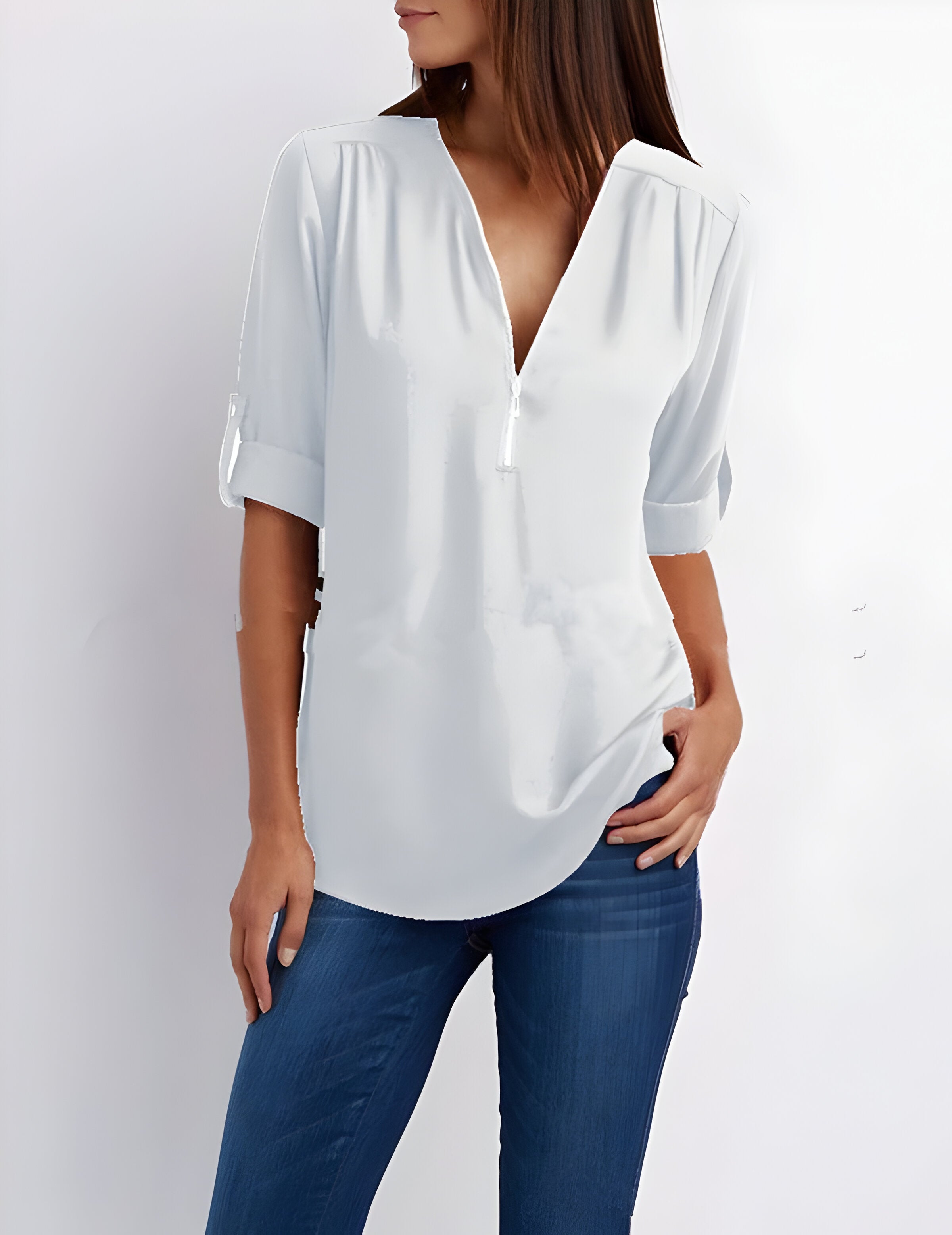 Women’s zip front V-neck blouse with roll tab sleeves