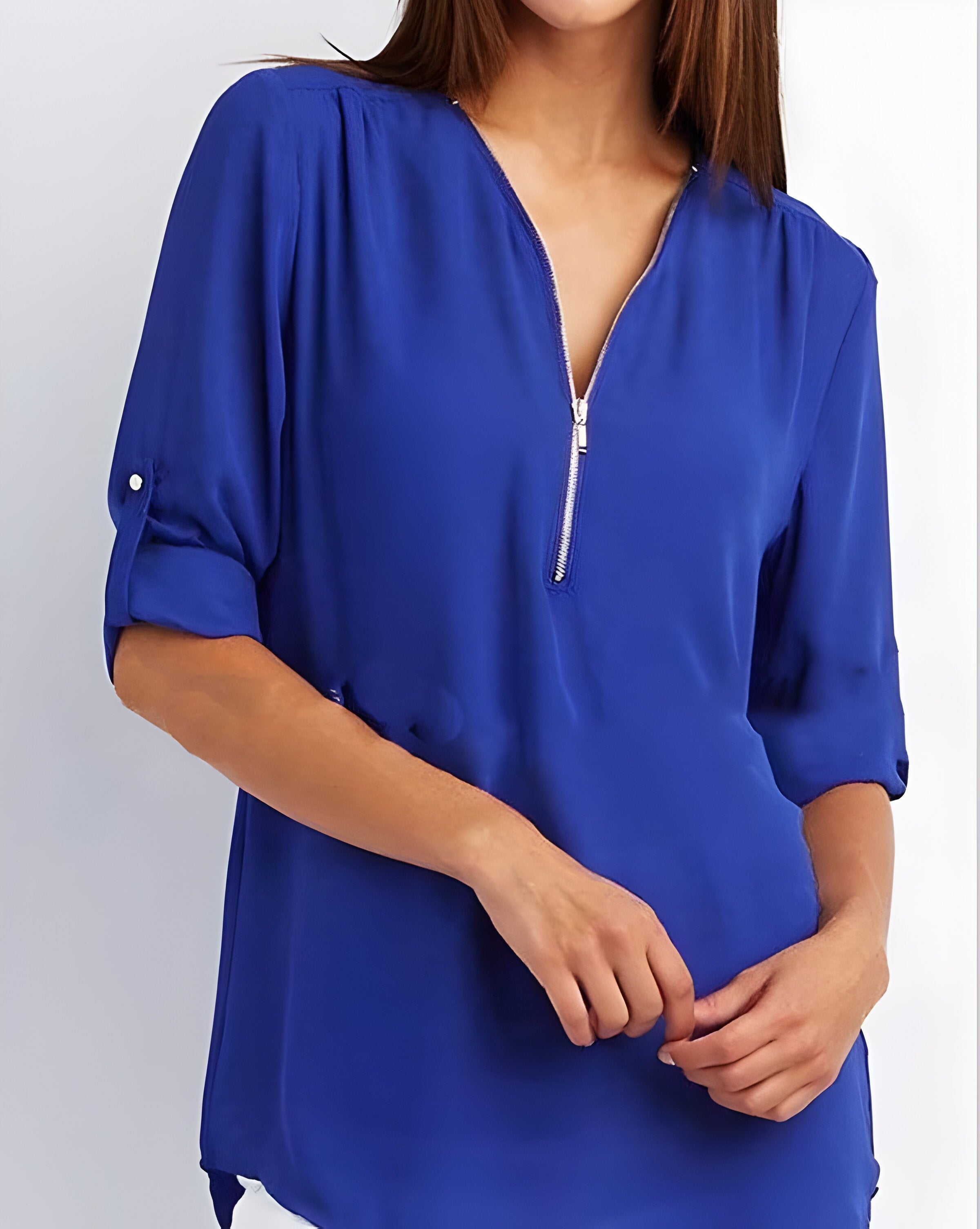 Women’s zip front V-neck blouse with roll tab sleeves