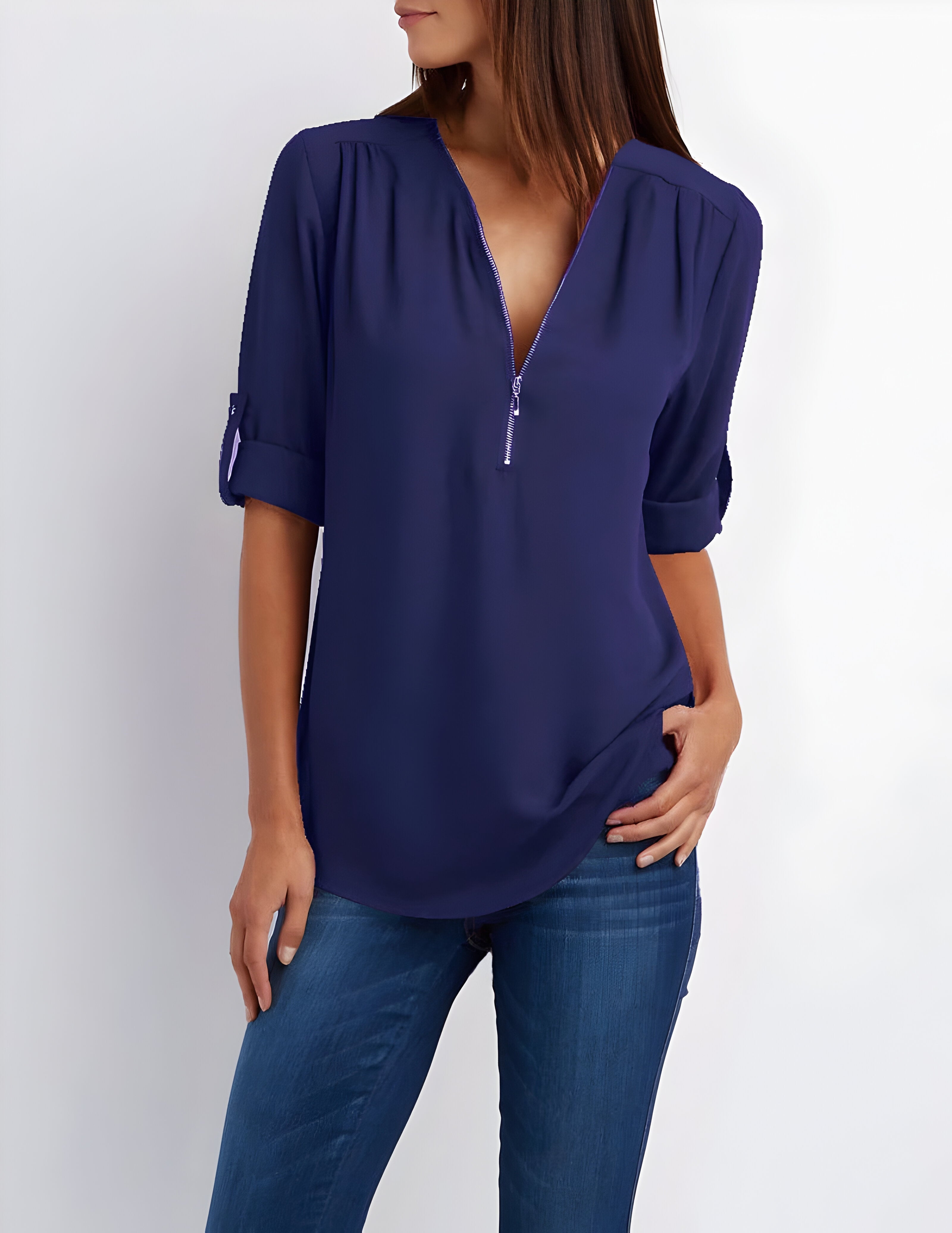 Women’s zip front V-neck blouse with roll tab sleeves