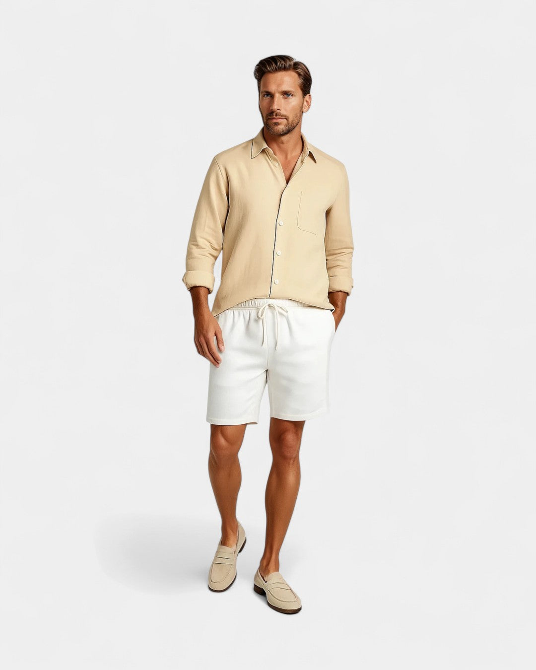 Premium Leinen Resort Kragen Shirt Set - Beige