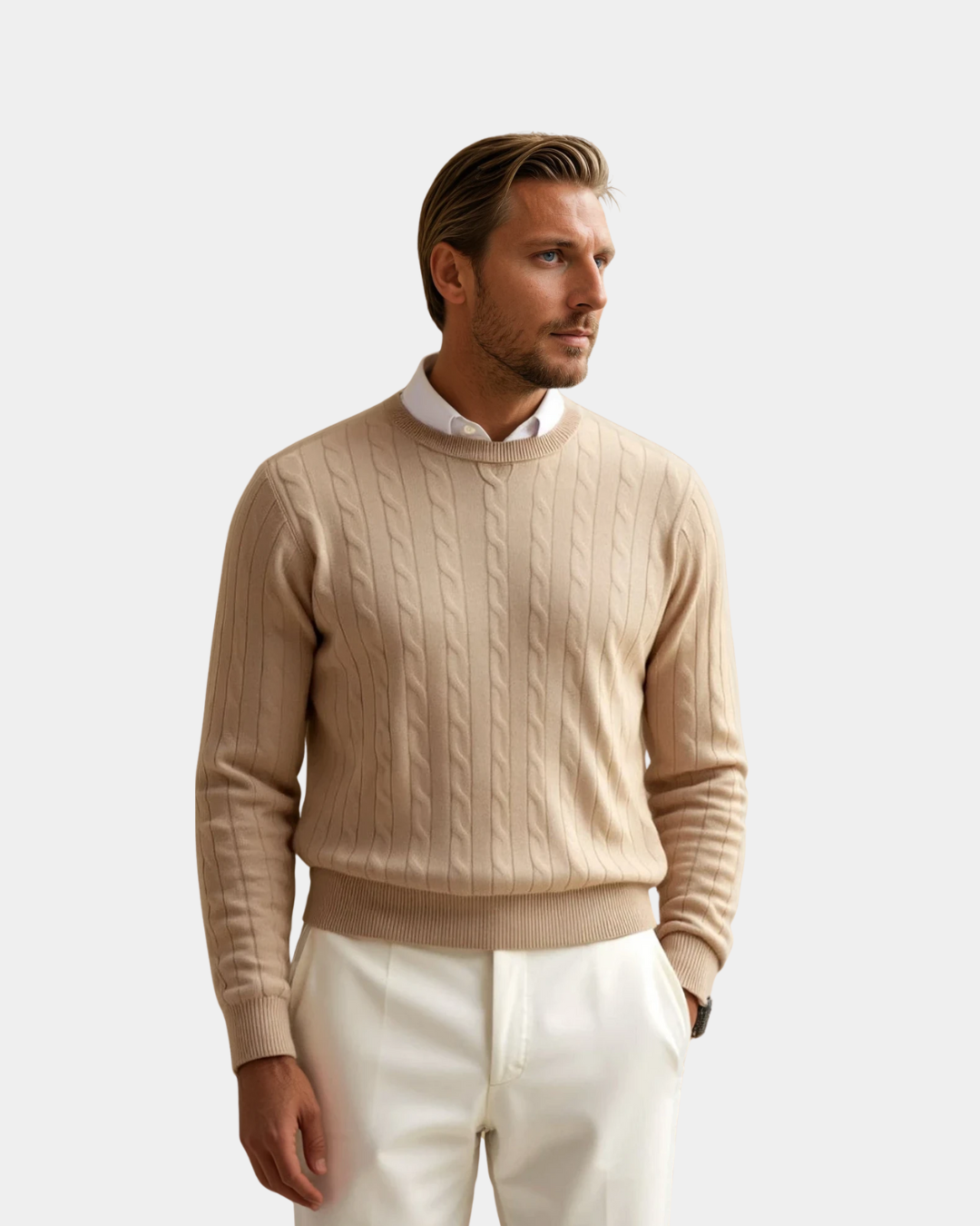 Herren-Premium-Pullover mit geripptem O-Ausschnitt - Beige
