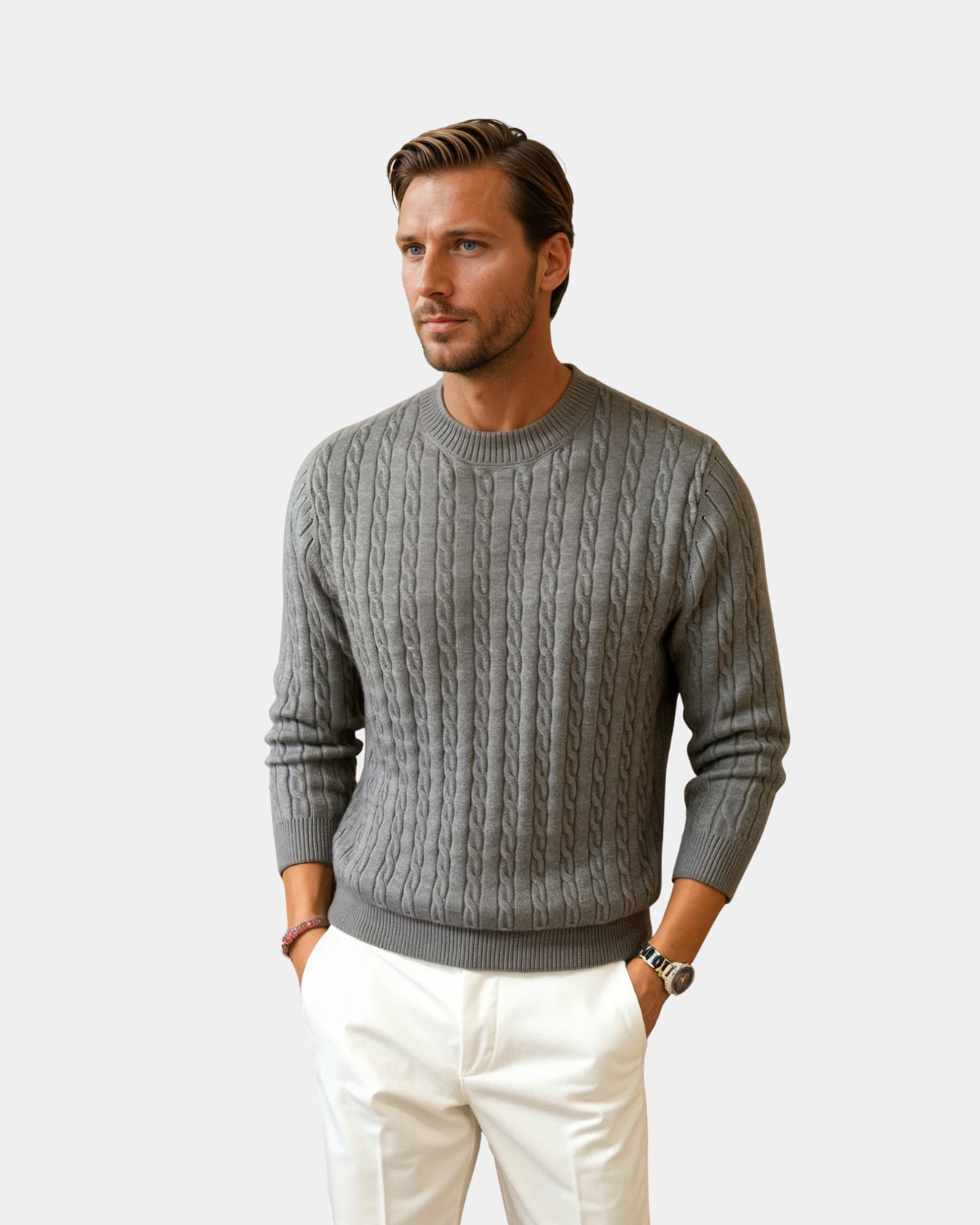 Herren-Premium-Pullover mit geripptem O-Ausschnitt - Grau