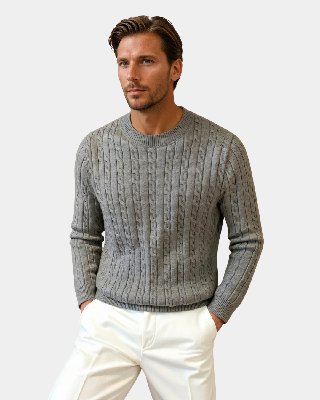 Herren-Premium-Pullover mit geripptem O-Ausschnitt - Grau