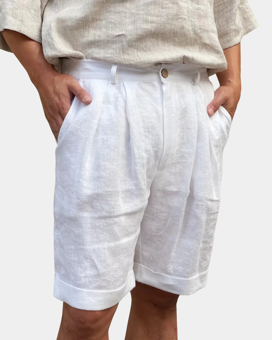 Alte Geld Weiß Leinen Tailored Shorts