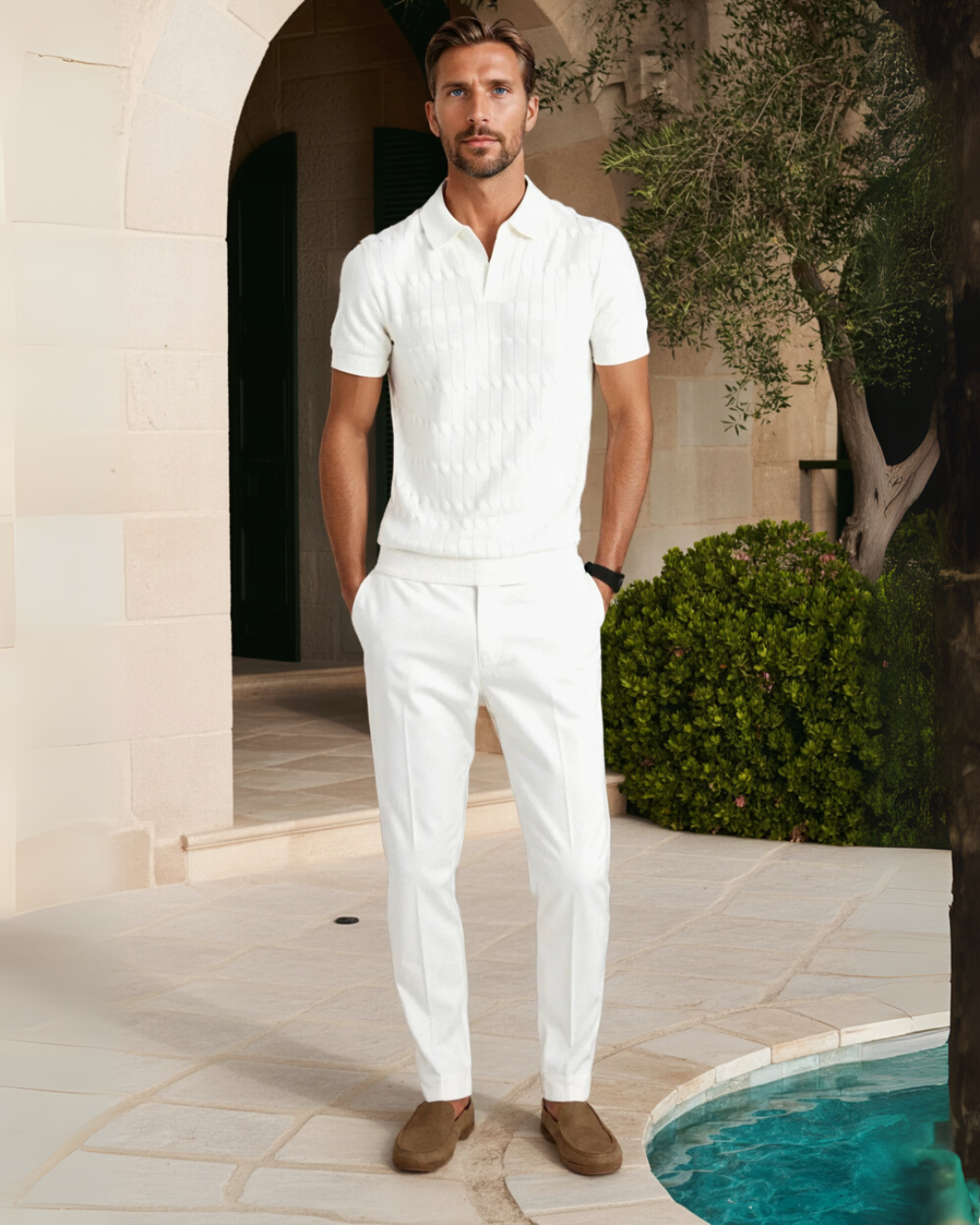 Old Money Luxe Knit Polo Tee - Weiß