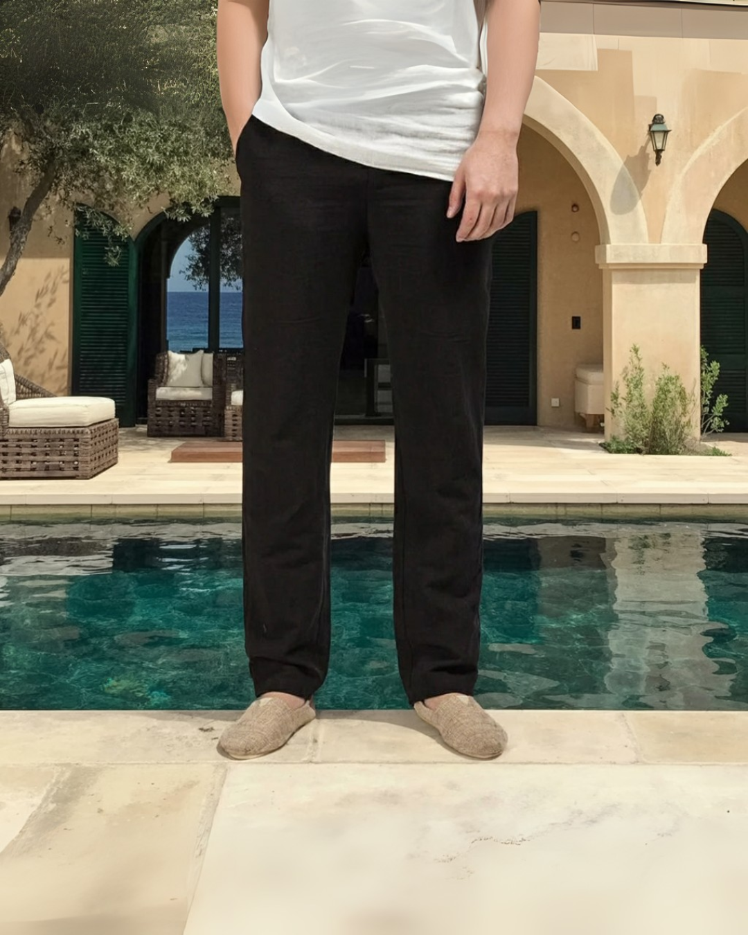 Relaxed Fit Sommerhose aus Baumwolle und Leinen - Schwarz
