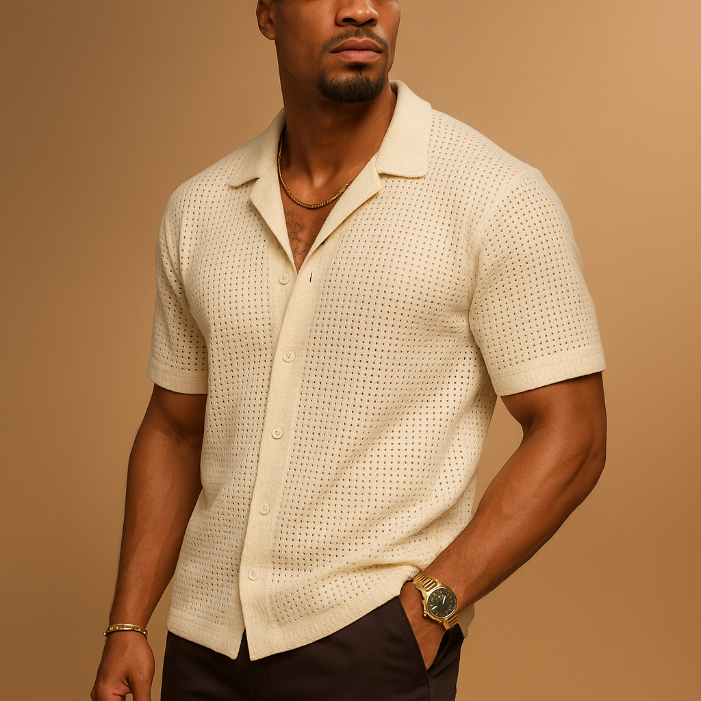 Zomeroverhemd en beige avec des moules en cuir pour les hommes | Mauro