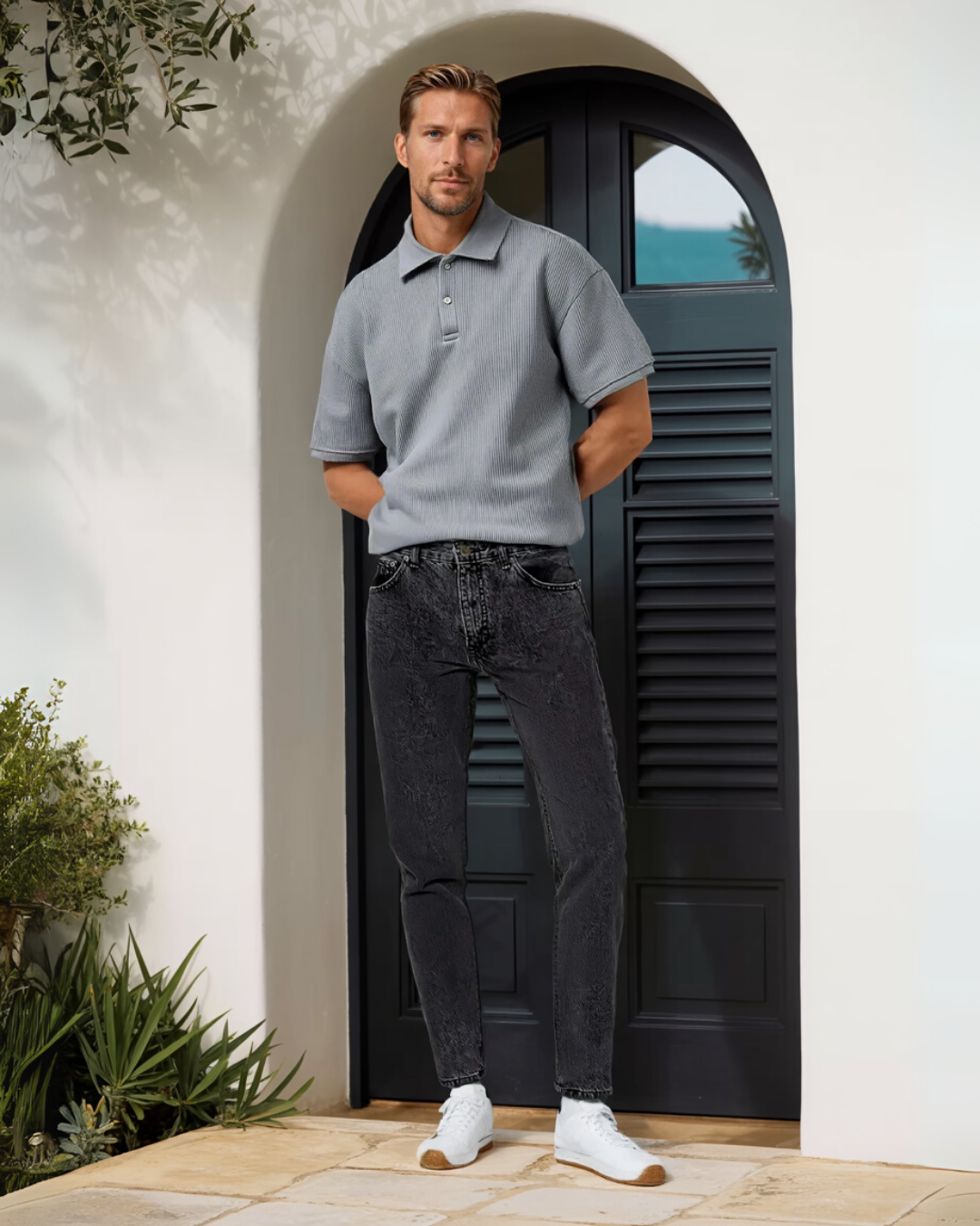 Klassiek Weefsel Knoop Polo T-shirt - Grijs