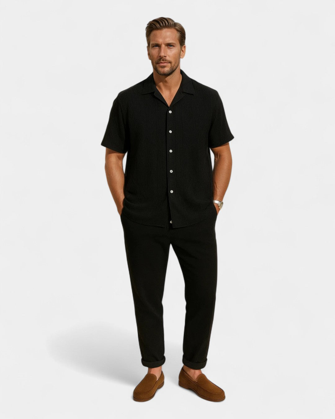 Conjunto cubano em linho texturizado - Preto