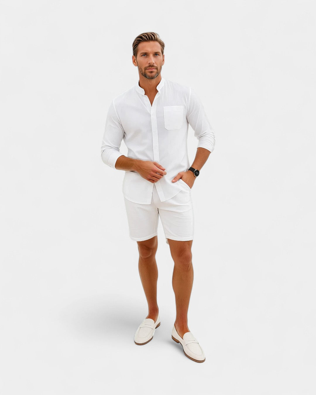 Conjunto de camisa com gola Resort em linho premium - Branco