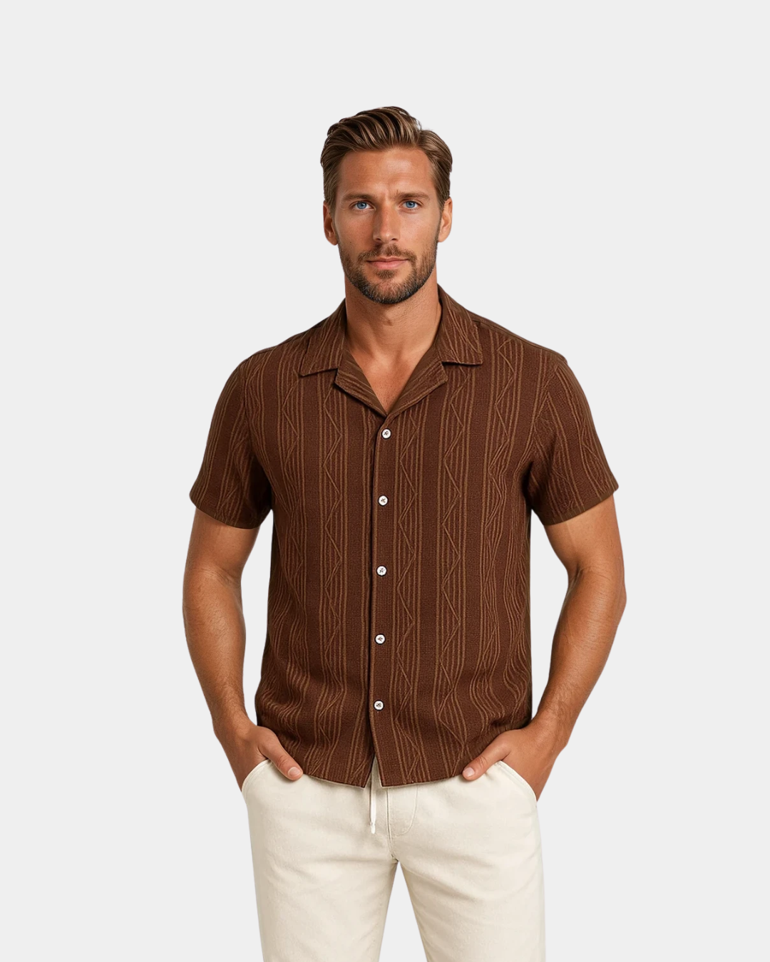 Conjunto cubano em linho texturado - Café e Branco