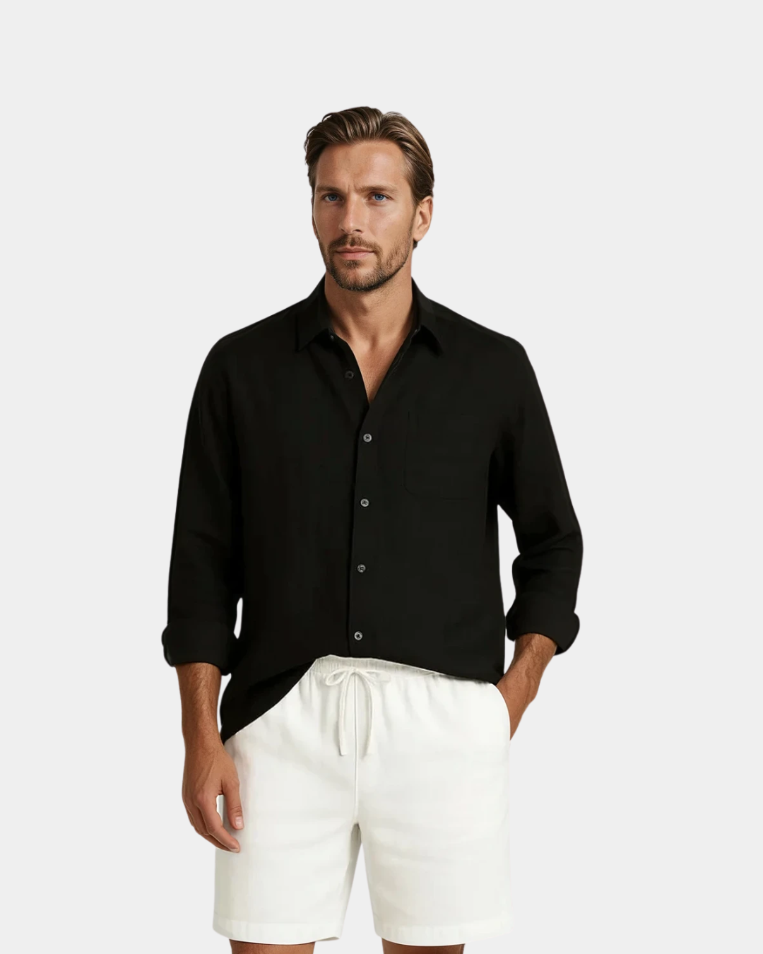 Conjunto de camisa com gola Resort em linho premium - Preto
