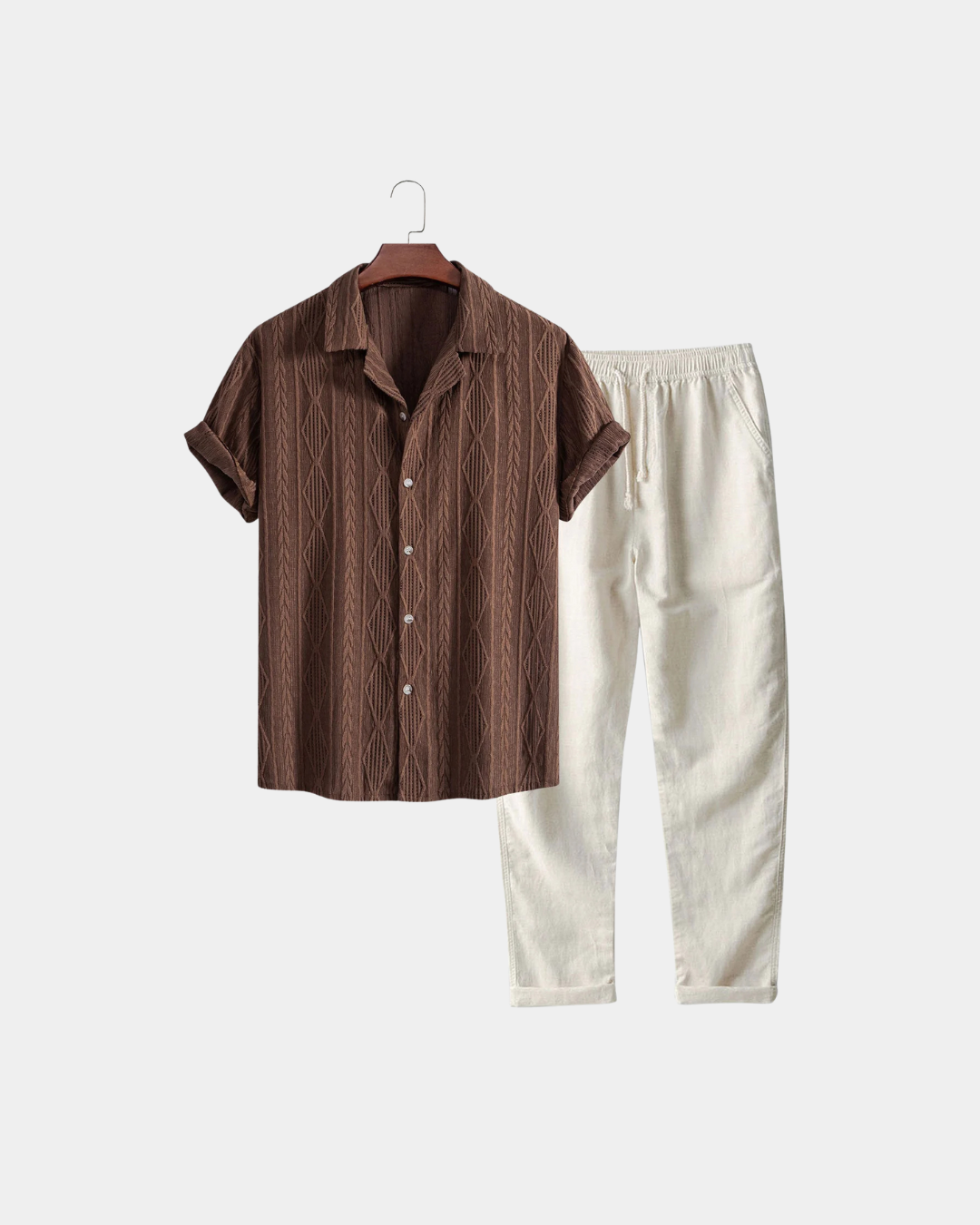 Conjunto cubano em linho texturado - Café e Branco
