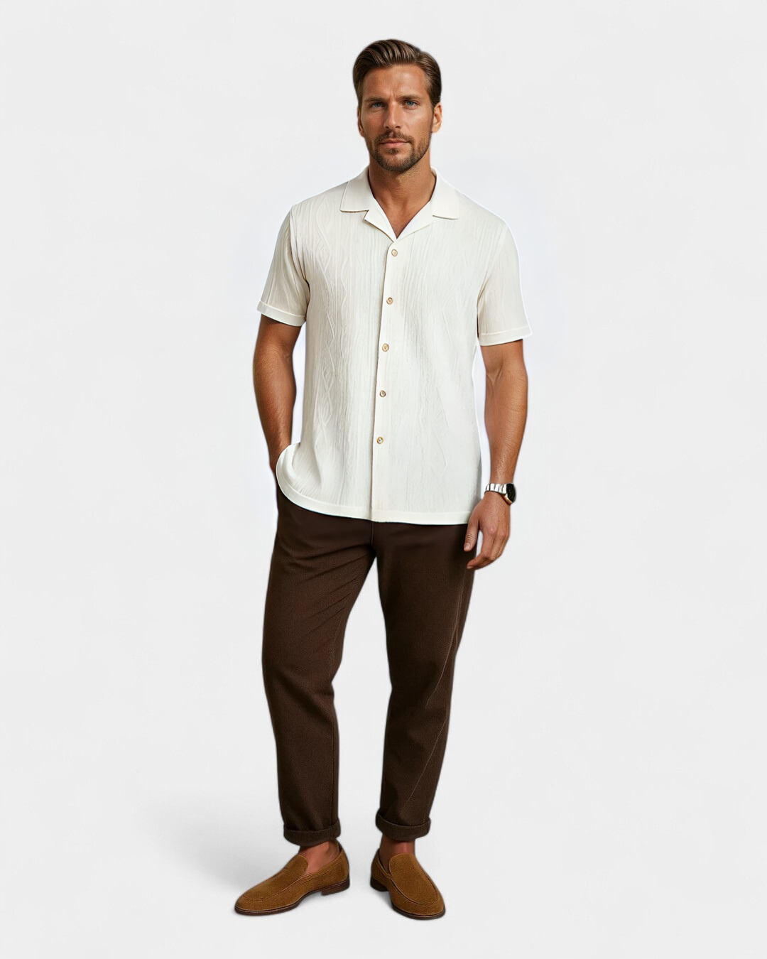 Conjunto cubano em linho texturado - Branco e café